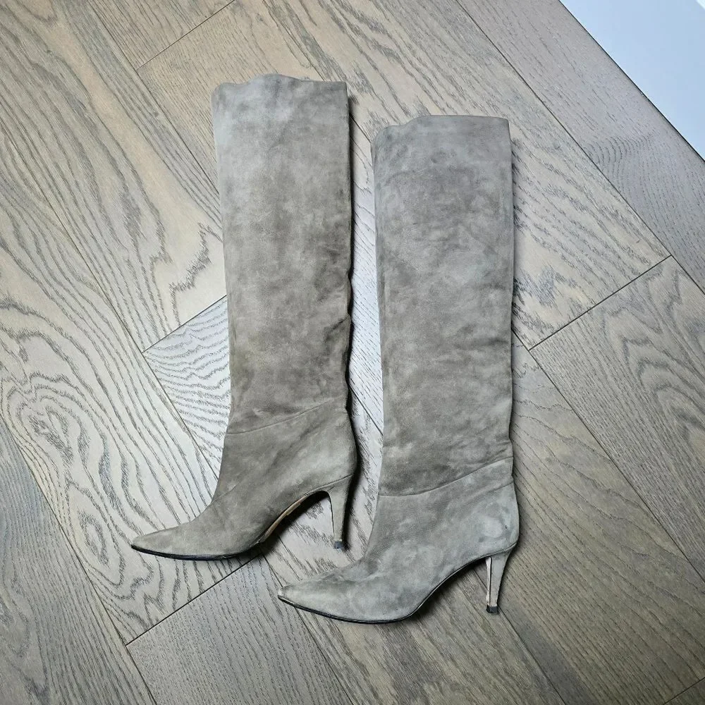 Tamara Mellon Icon 75 Knee High Nappa Suede Heeled Slouch Boot in Moss Gray